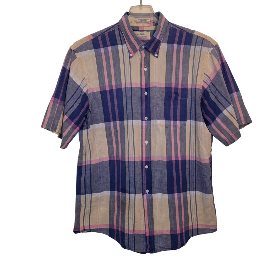VTG Cotton Brothers Men's XL Plaid Short Sleeve‎ Shirt 100% Cotton Made in USA
